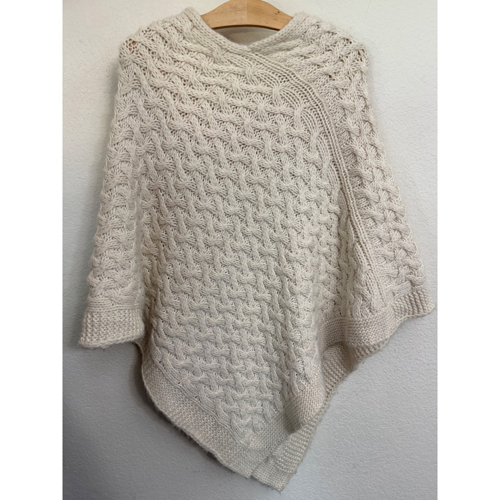 Cocogio Italy Ivory Cable Knit Poncho Sweater Asymmetrical Wool Blend One Size